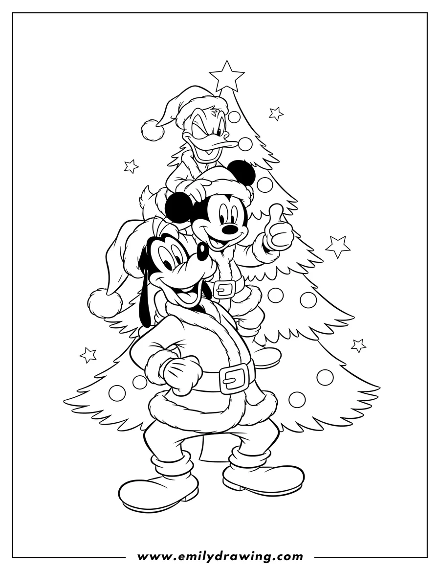 Vector style outline of goofy, Mickey Mouse, and Donald Duck stacked up in Santa hats for Christmas