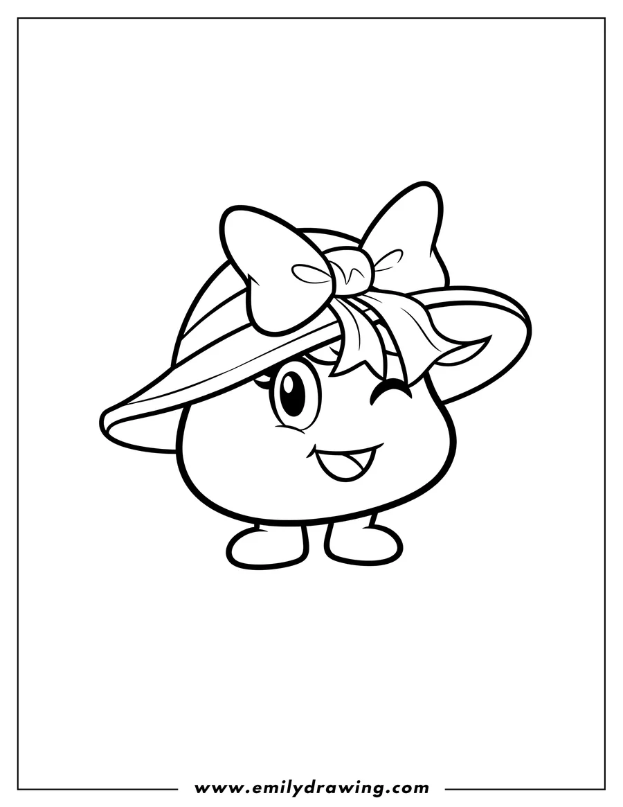 Full page coloring image of cute Goombette With Hat, winking and smiling with a bow on her hat