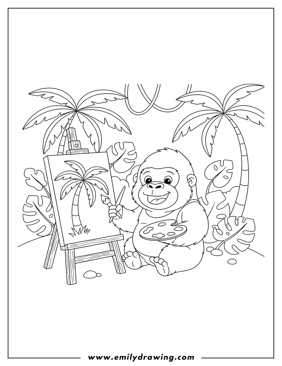 Free to print drawing of cute Gorilla Smiling while Painting a Palm Tree on an Easel in a Jungle