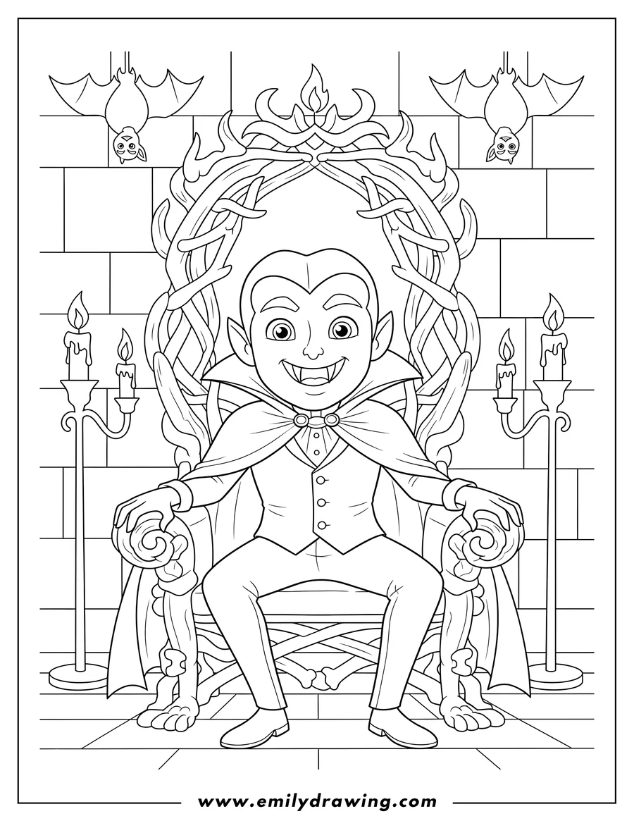 Clean line drawing: gothic Dracula sitting on an ornate, bone-like throne, fangs bared, in a candlelit room Halloween Adults
