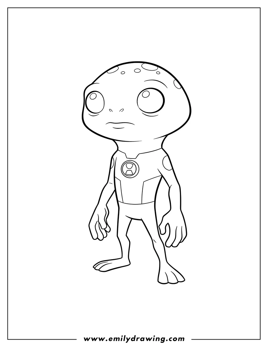 Simple sketch of ben 10 Grey Matter standing, looking to the left to color