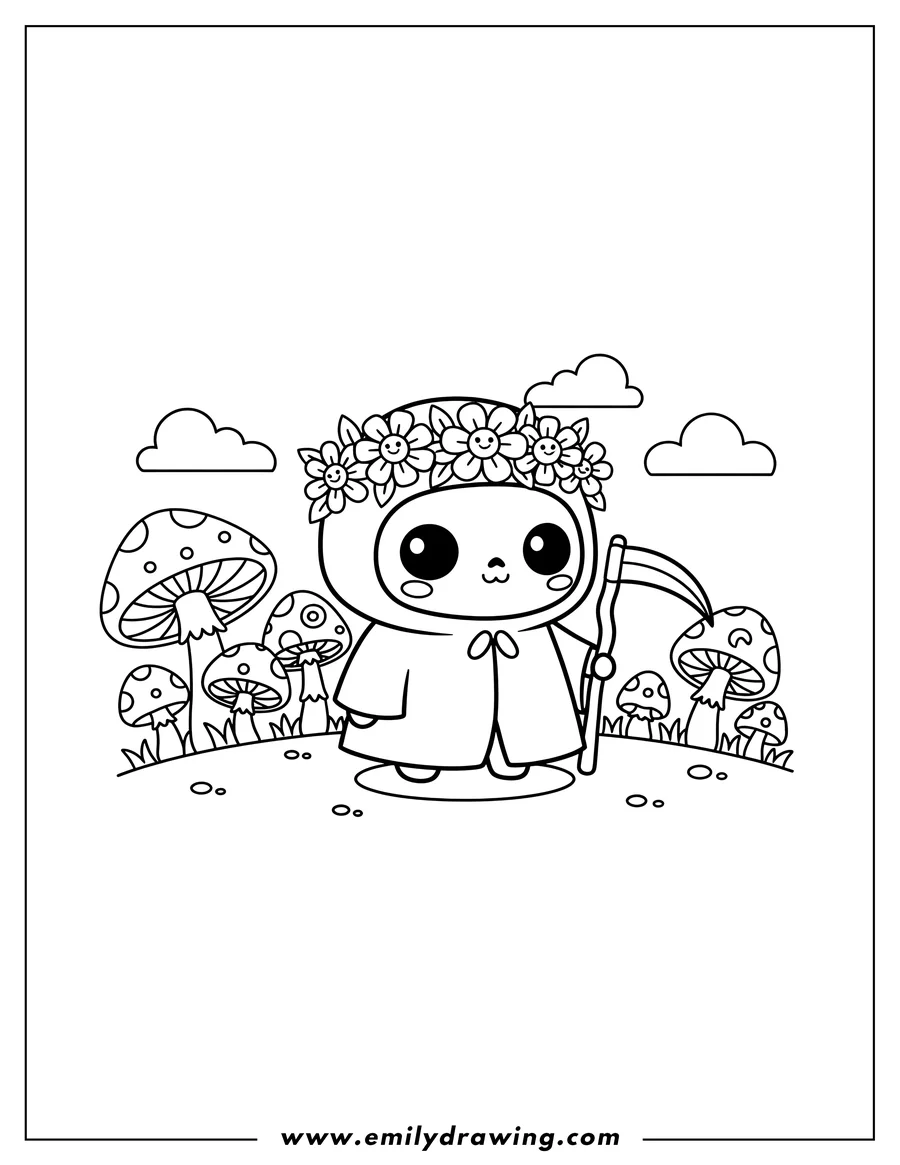 Clean line drawing: adorable Grim Reaper wearing a flower crown, holding a scythe, in a field of mushrooms