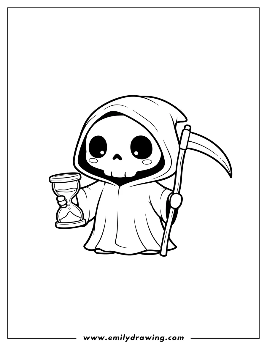 Clean line drawing: cute Grim Reaper holding an hourglass and scythe
