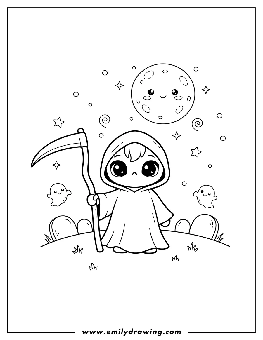 Simple sketch of cute Grim Reaper in a hooded robe holding a scythe in a graveyard with a full moon and sparkles for preschoolers to color