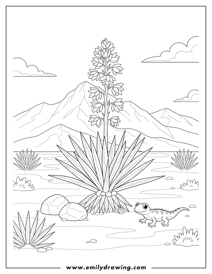 Clean line drawing: guadalupe Mountains Texas desert scene with yucca plant