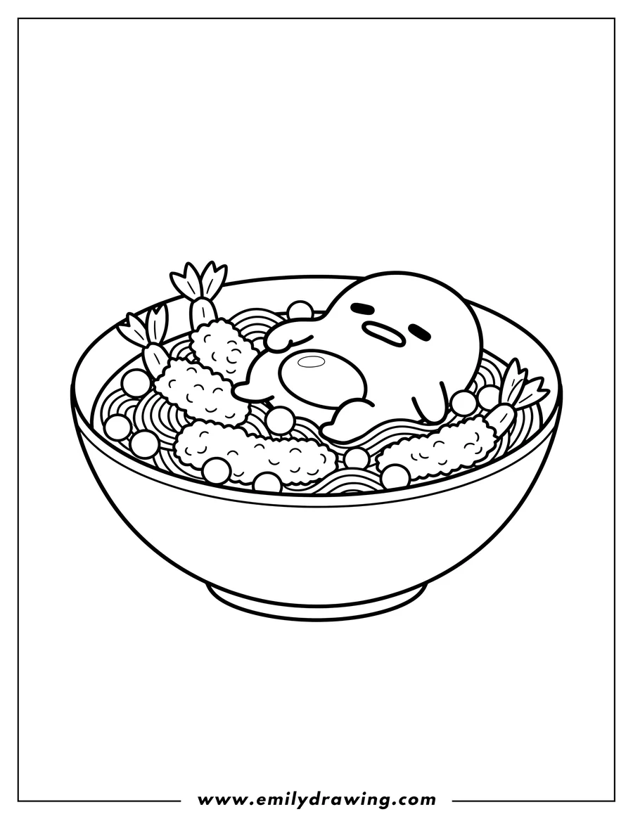 Doodle style coloring picture of cute Gudetama bathing lazily in peas in tempura shrimp ramen