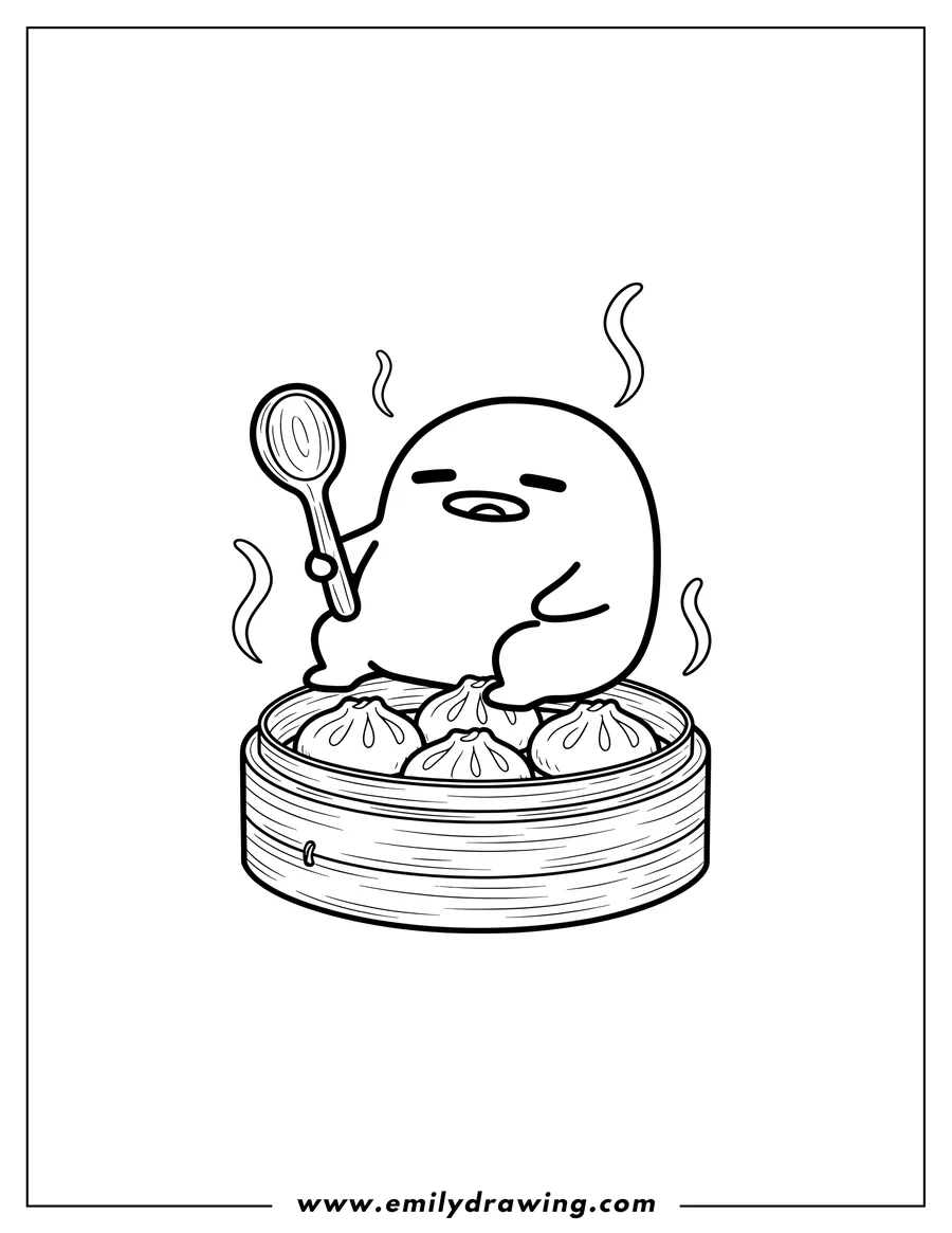 Free to print drawing of gudetama holding a spoon, with steaming bao buns in a bamboo steamer