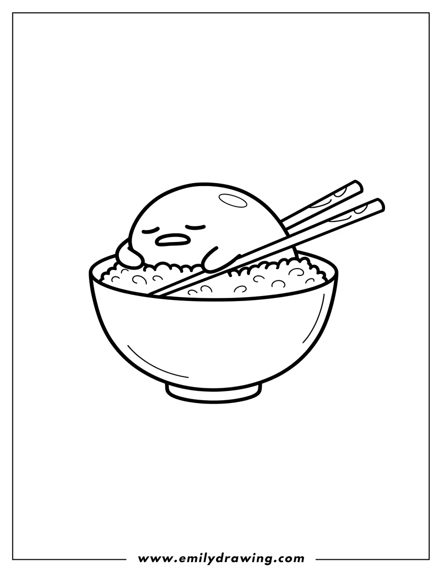 Printable line art of gudetama egg yolk sleeping on a rice bowl with chopsticks