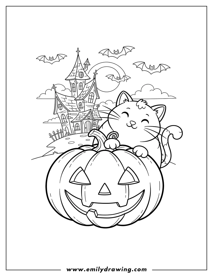 Doodle style coloring picture of cute Halloween Cat peeking from behind a Jack-o'-Lantern, with a Haunted House and flying bats