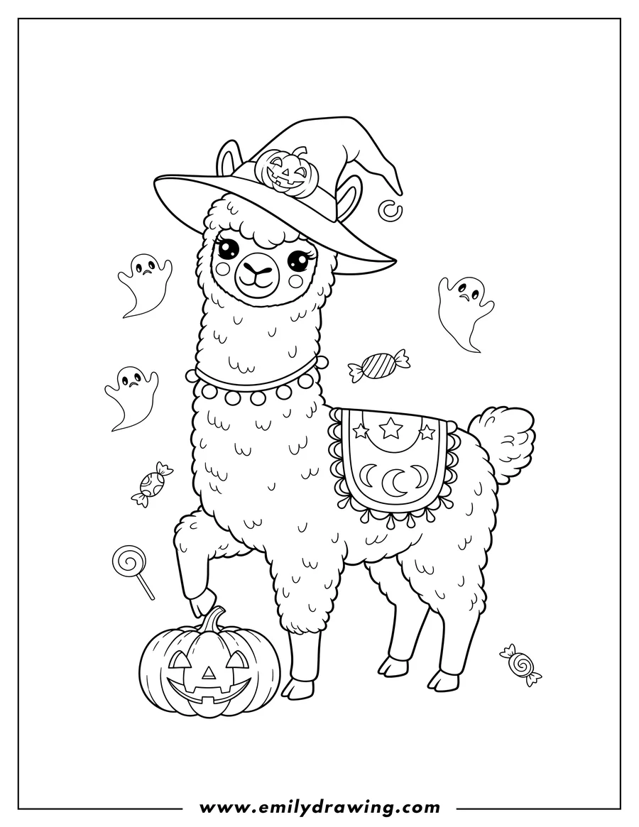 Black and white line art of cute Halloween Llama wearing a wide-brimmed hat with a jack-o'-lantern