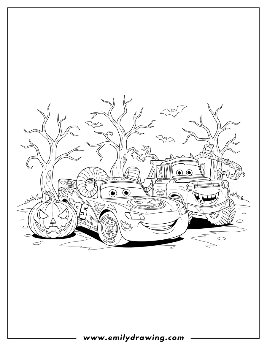 PDF style coloring page: halloween-themed Lightning McQueen with horns and Mater with monster teeth, next to a jack-o'-lantern