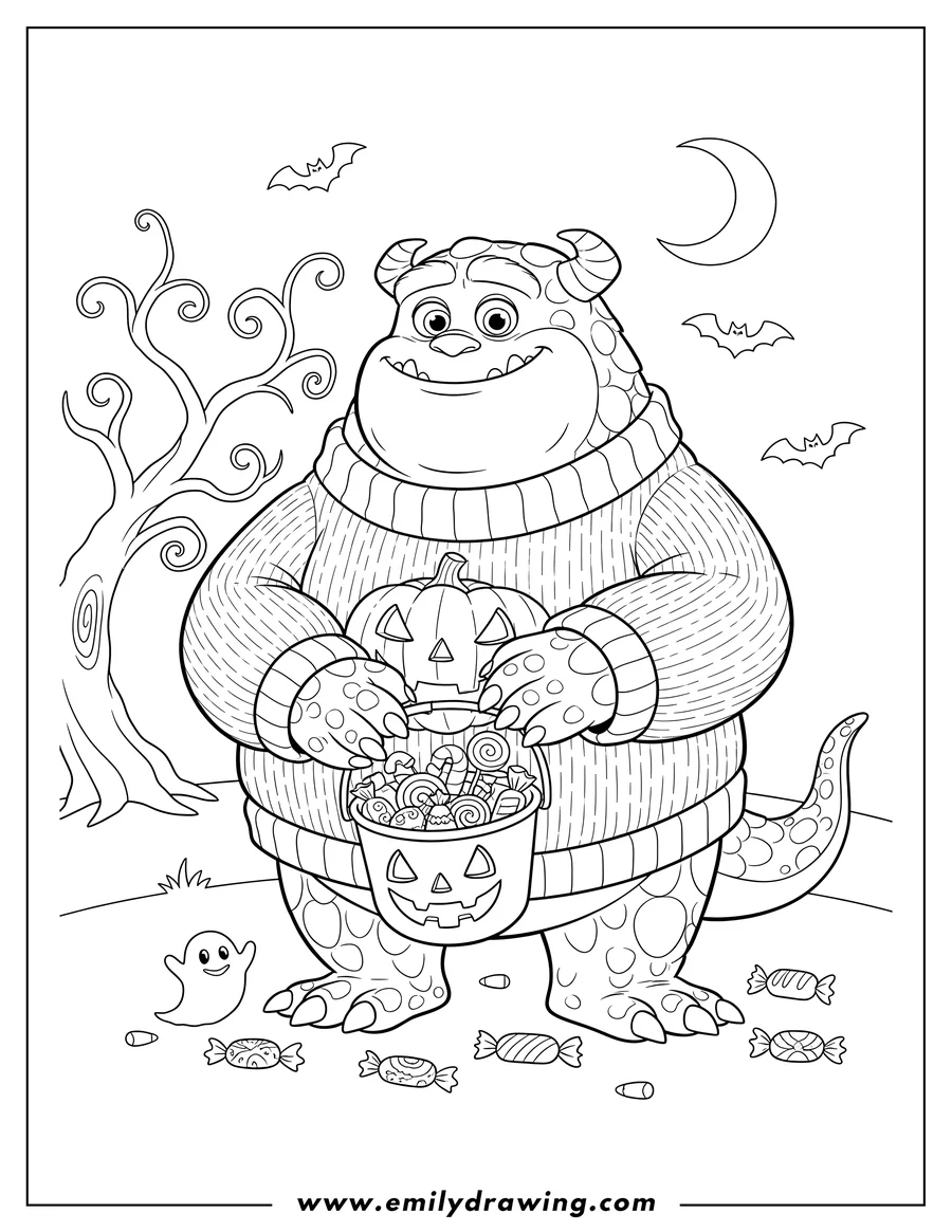 Coloring page for kids: halloween Themed Monsters Inc Scaled character, holding candy and wearing pumpkin sweaters