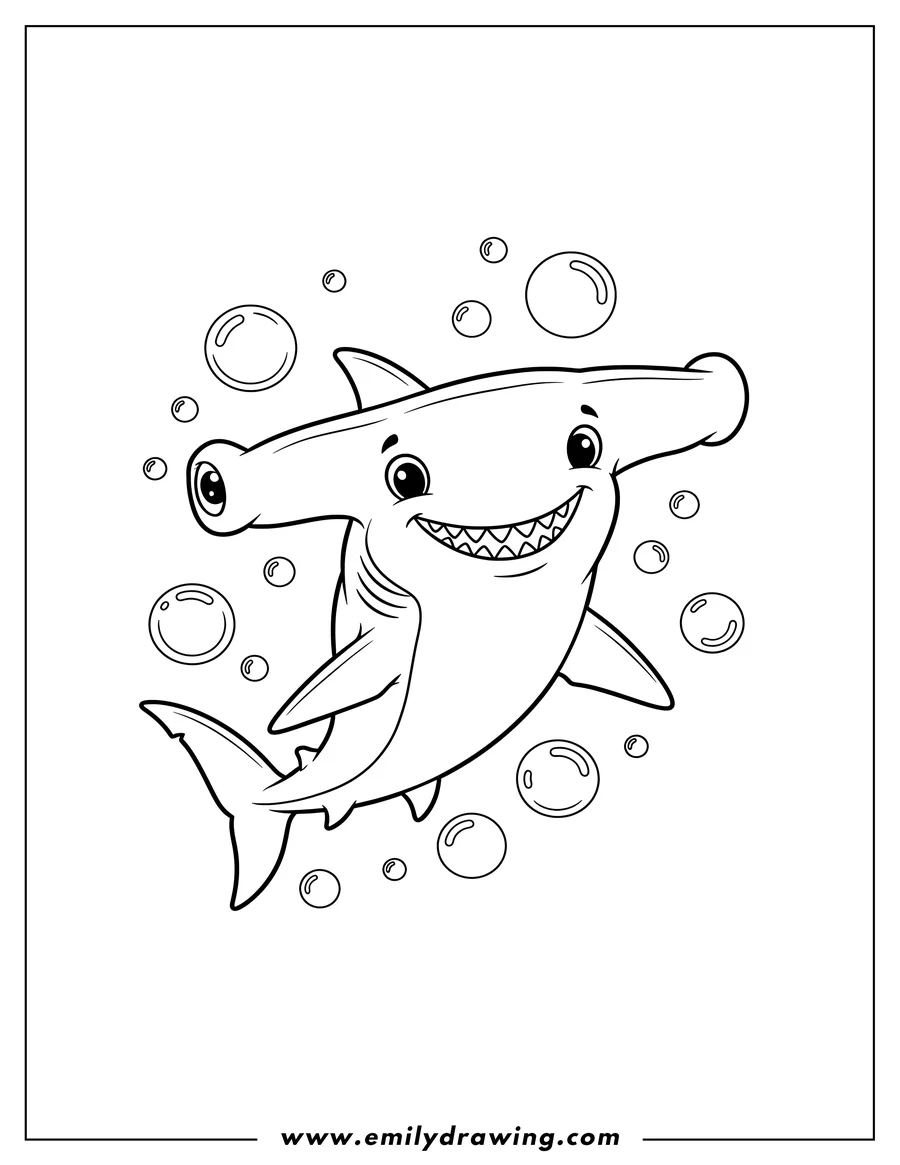 Printable coloring page of cute Hammerhead Shark smiling with bubbles