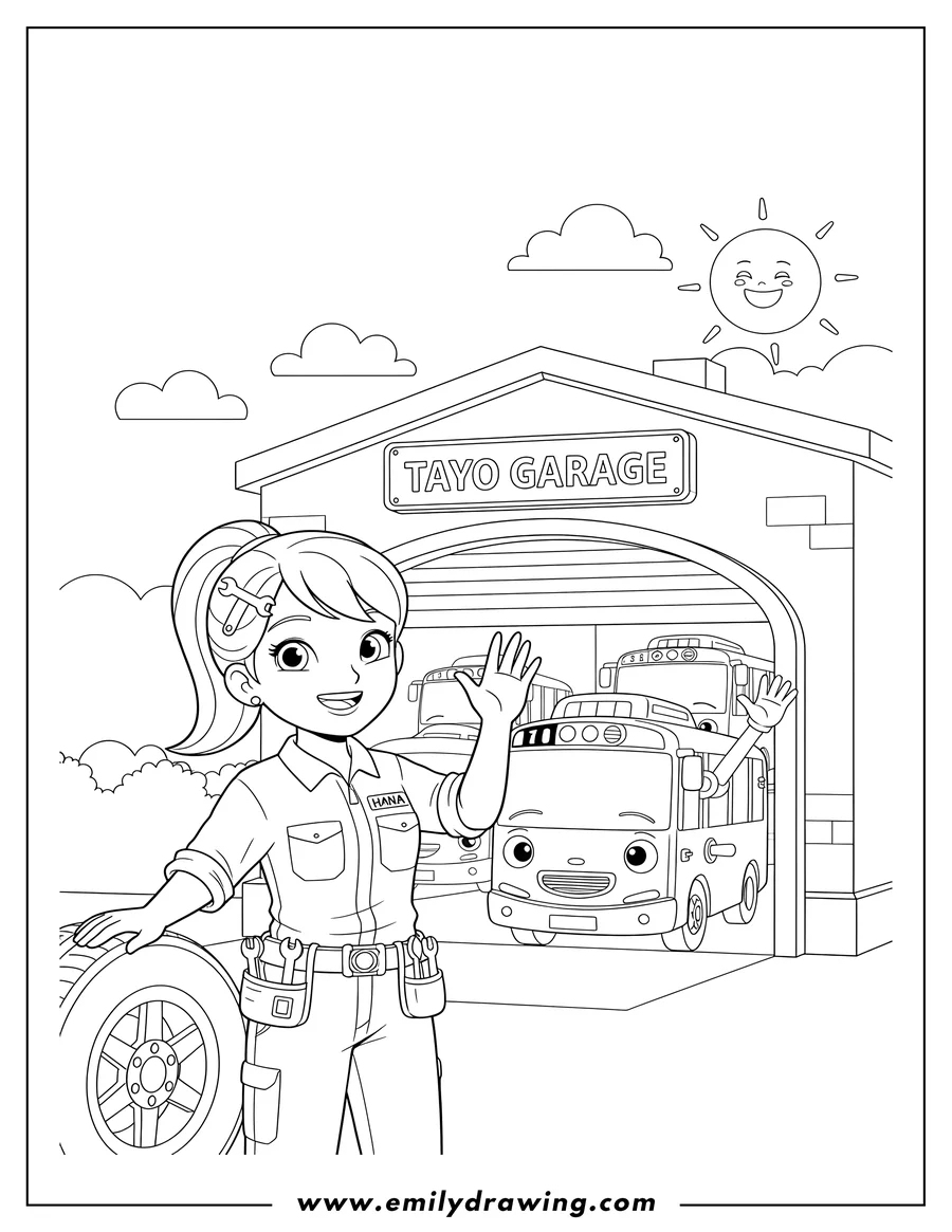 Coloring page for kids: hana Mechanic smiling and waving at Tayo Garage