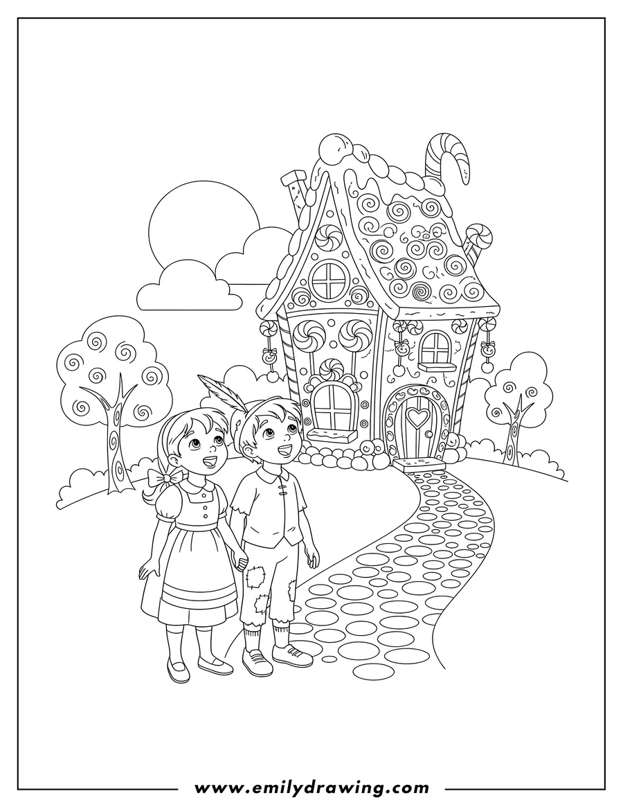 Free to print drawing of hansel and Gretel looking up at the gingerbread Witch's house