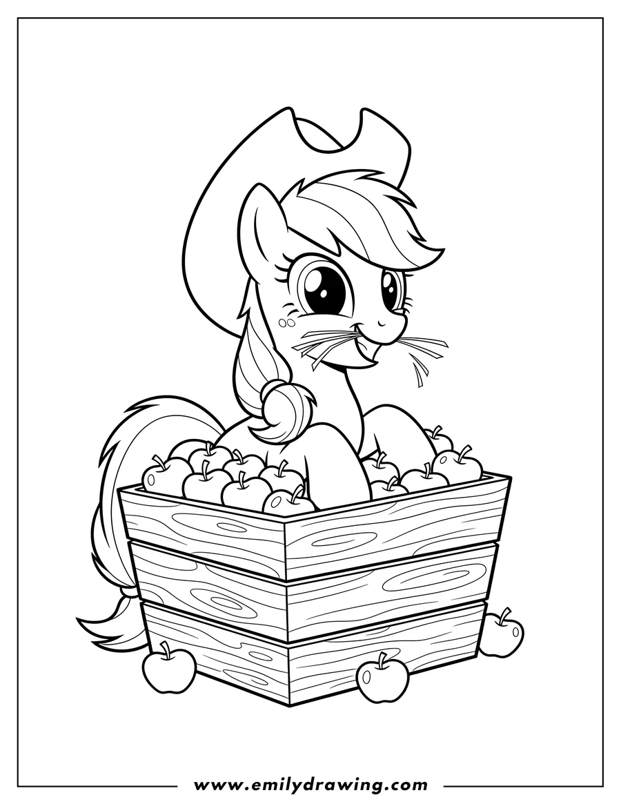 Downloadable coloring page of happy Applejack sitting in a box with apples, while chewing on straw