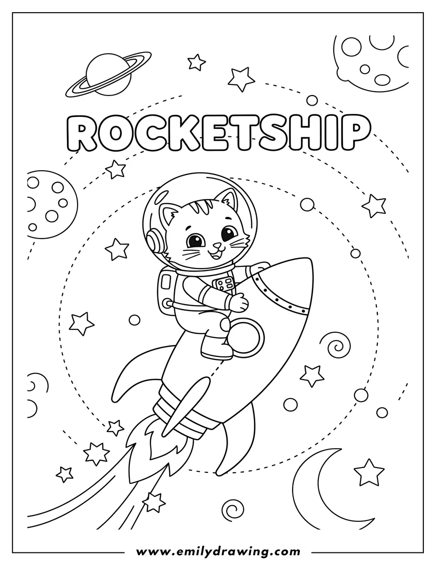 PDF style coloring page: happy Astronaut Cat riding a rocket, with ROCKETSHIP text at the top, for Preschoolers