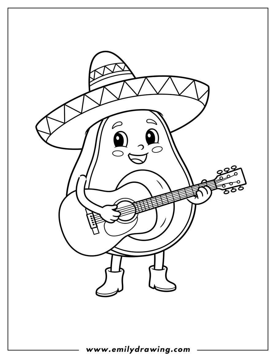 Downloadable coloring page of cute happy avocado playing guitar, wearing a sombrero