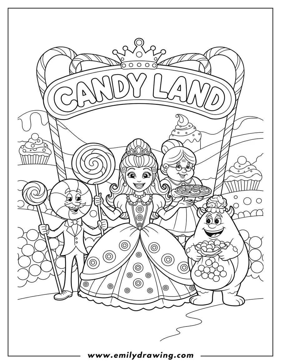 Black and white line art of happy Candy Land characters gathered with lollipops, under a candy cane Candy Land logo