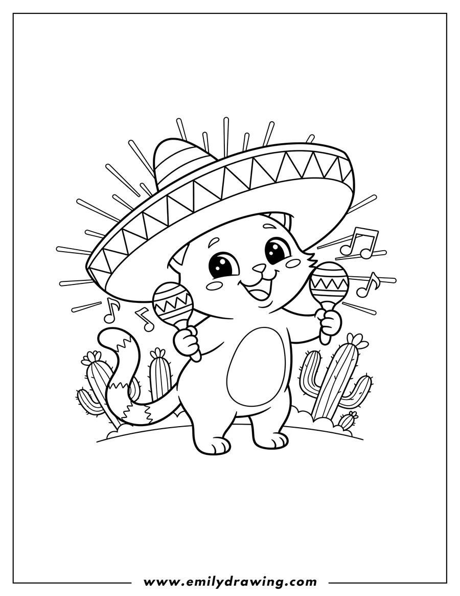 Coloring sheet featuring happy Cinco De Mayo With Cartoon Cat wearing a sombrero, holding maracas, and singing happily