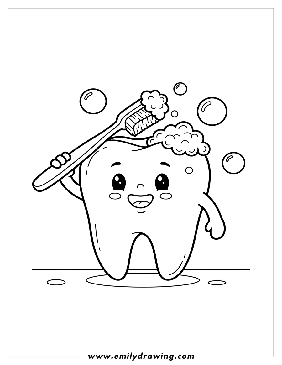 Vector style outline of happy cartoon tooth character brushing its head with a foamy toothbrush, coloring page for preschoolers
