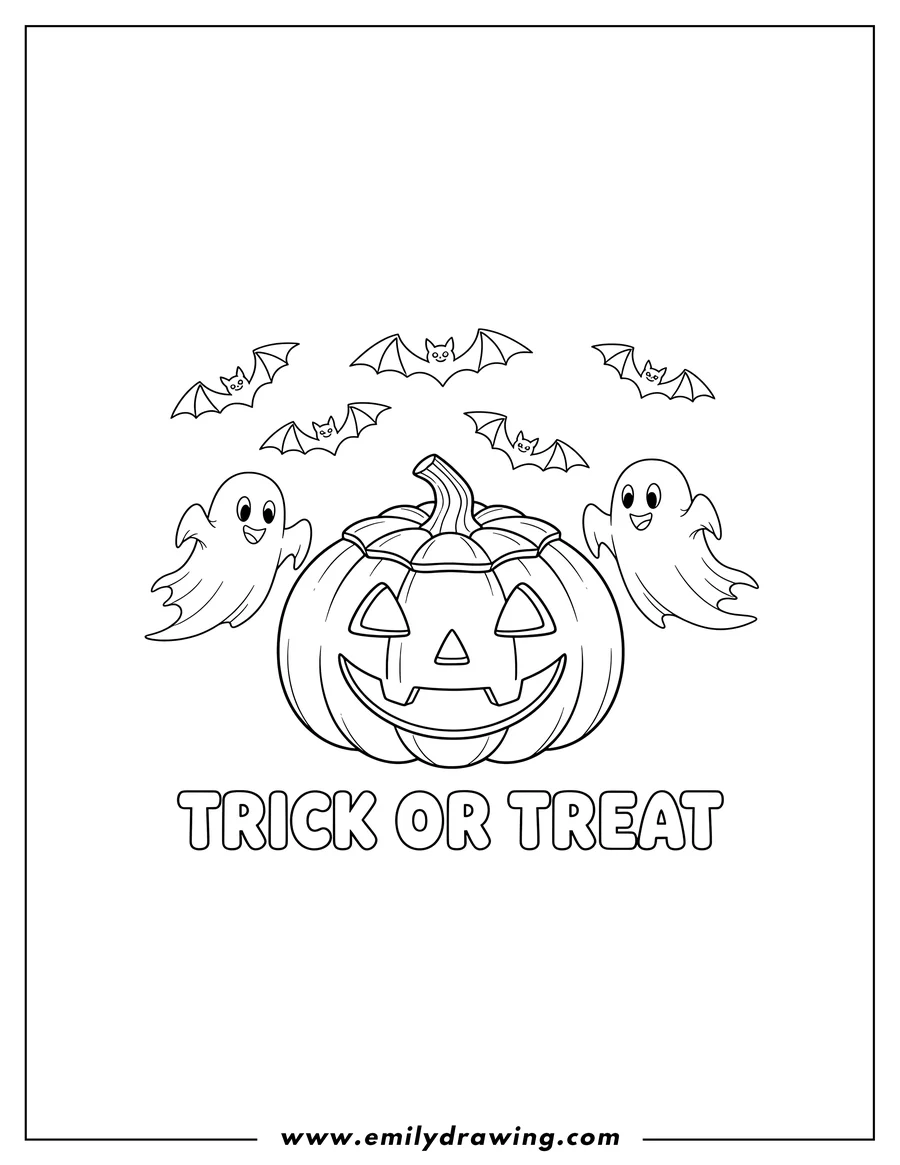 Printable coloring page of happy carved jack-o'-lantern with flying ghosts and bats, and Trick or Treat text