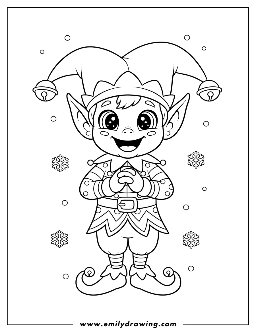 Printable coloring page of happy Christmas Elf with big, sparkling eyes, an open smile, and pointy ears, wearing a jester hat with a jingle bell and pointy shoes, for preschoolers