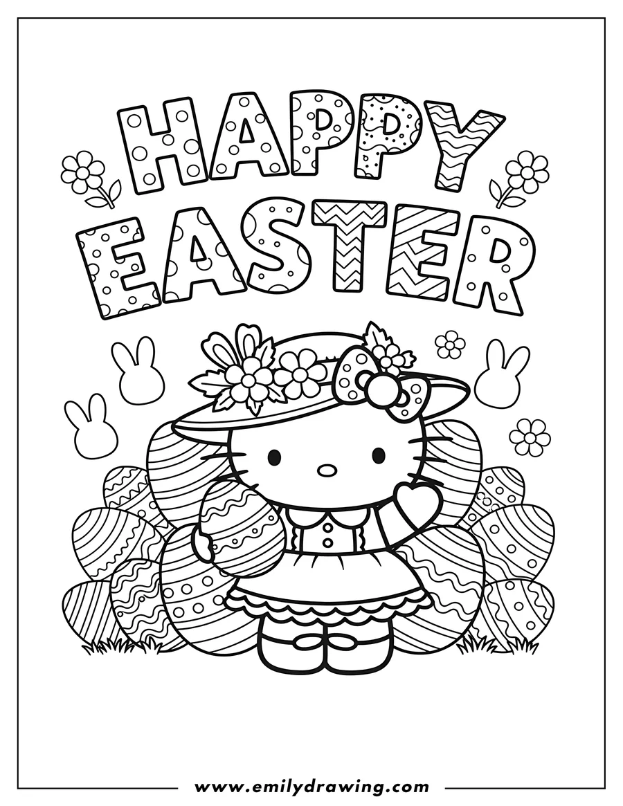PDF style coloring page: happy Easter Word Over Hello Kitty wearing a hat and dress, standing amongst Easter eggs