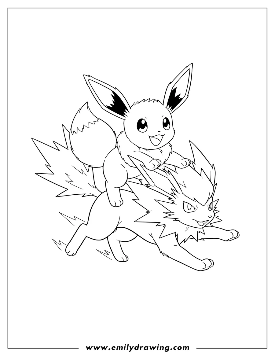 Outline drawing of happy Eevee riding on a running Jolteon's back