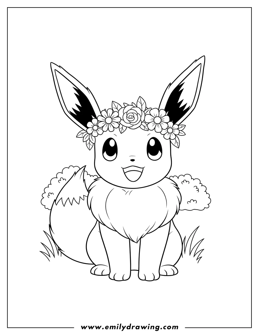 PDF style coloring page: happy Eevee sitting and wearing a flower crown