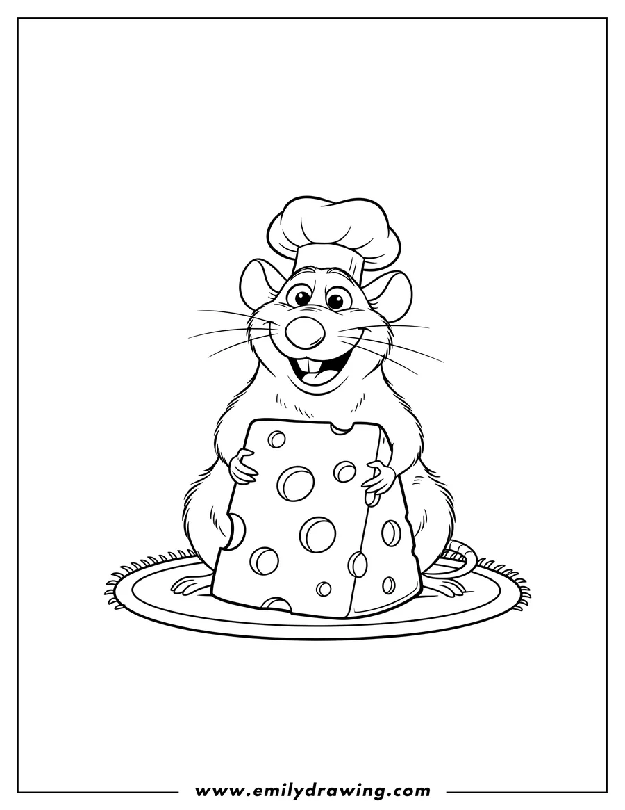 Printable coloring page of happy Emile sitting, holding a large chunk of cheese with both paws