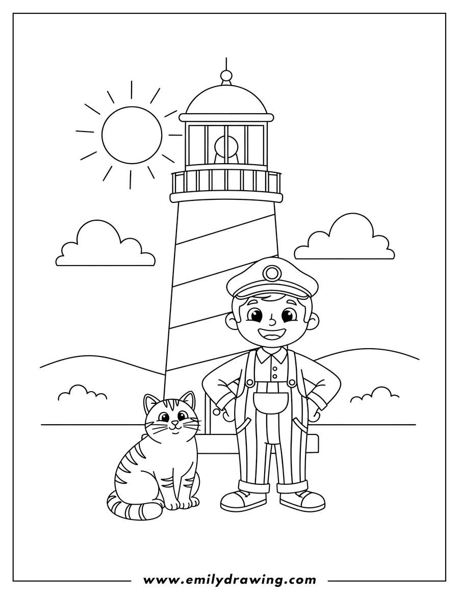High quality printable happy Lighthouse Keeper in a cap and overalls stands with hands on hips next to a sitting tabby cat outside a lighthouse for coloring