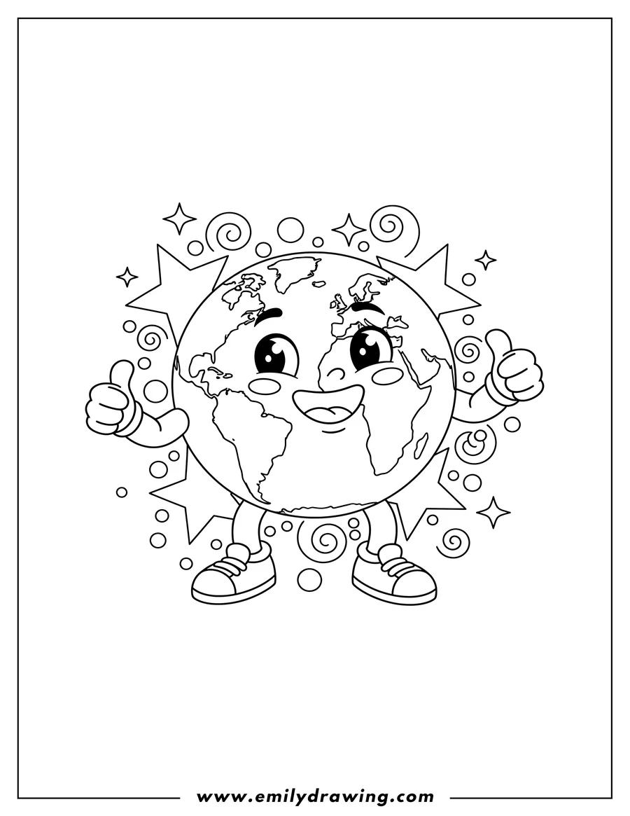 Full page coloring image of happy little Earth smiling, with arms, legs, and shoes, with a sparkling background