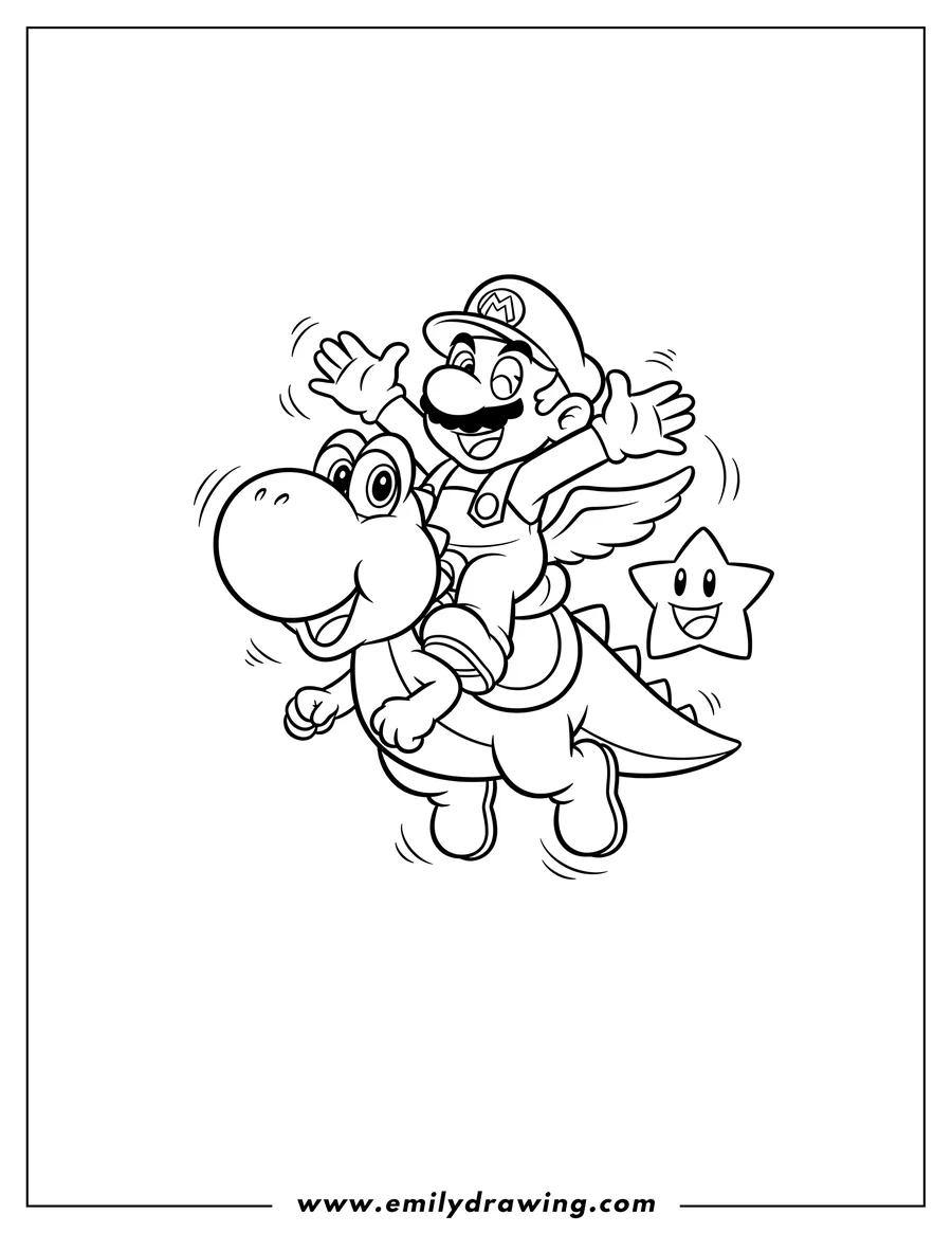 Free printable coloring sheet of happy Mario riding on Yoshi, flying with a Luma