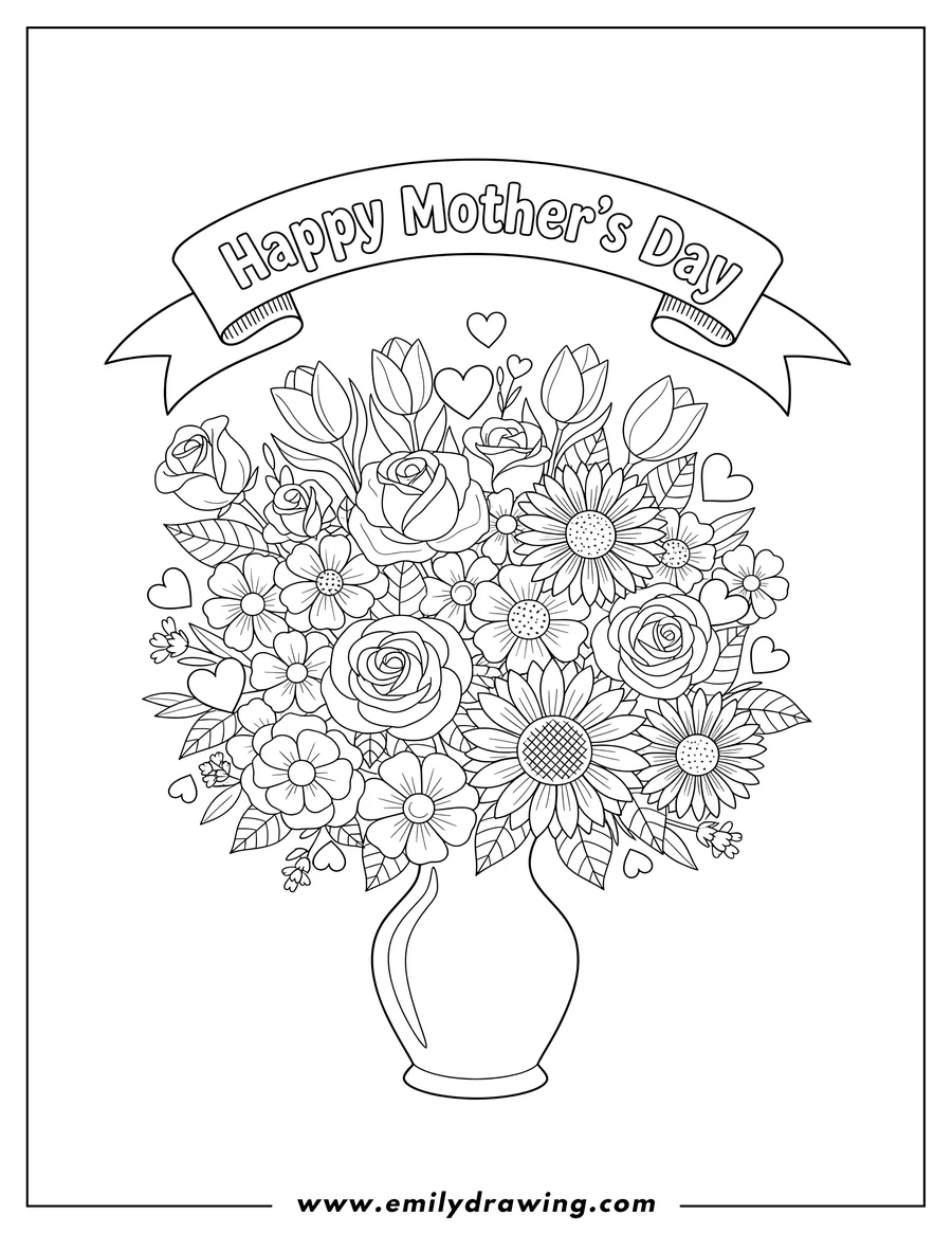 Free printable coloring sheet of happy Mother's Day banner above a beautiful floral bouquet with hearts