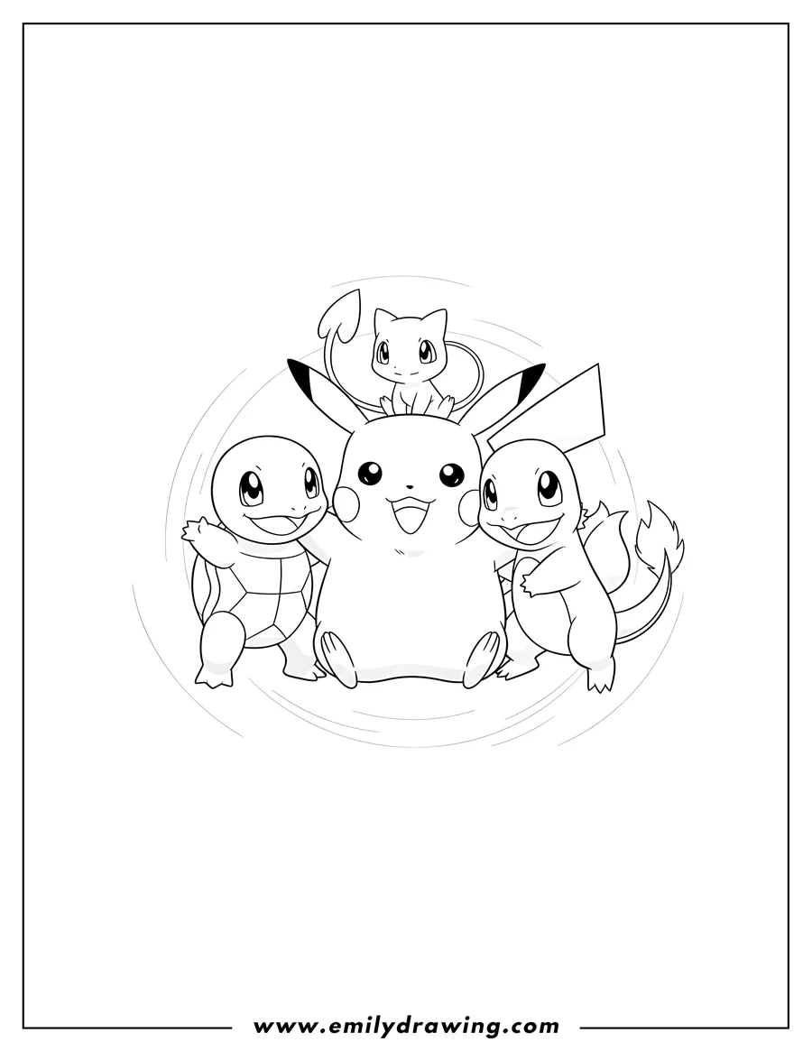 Printable line art of happy Pikachu, Charmander, Bulbasaur, Squirtle, and Mew in a hugging circle