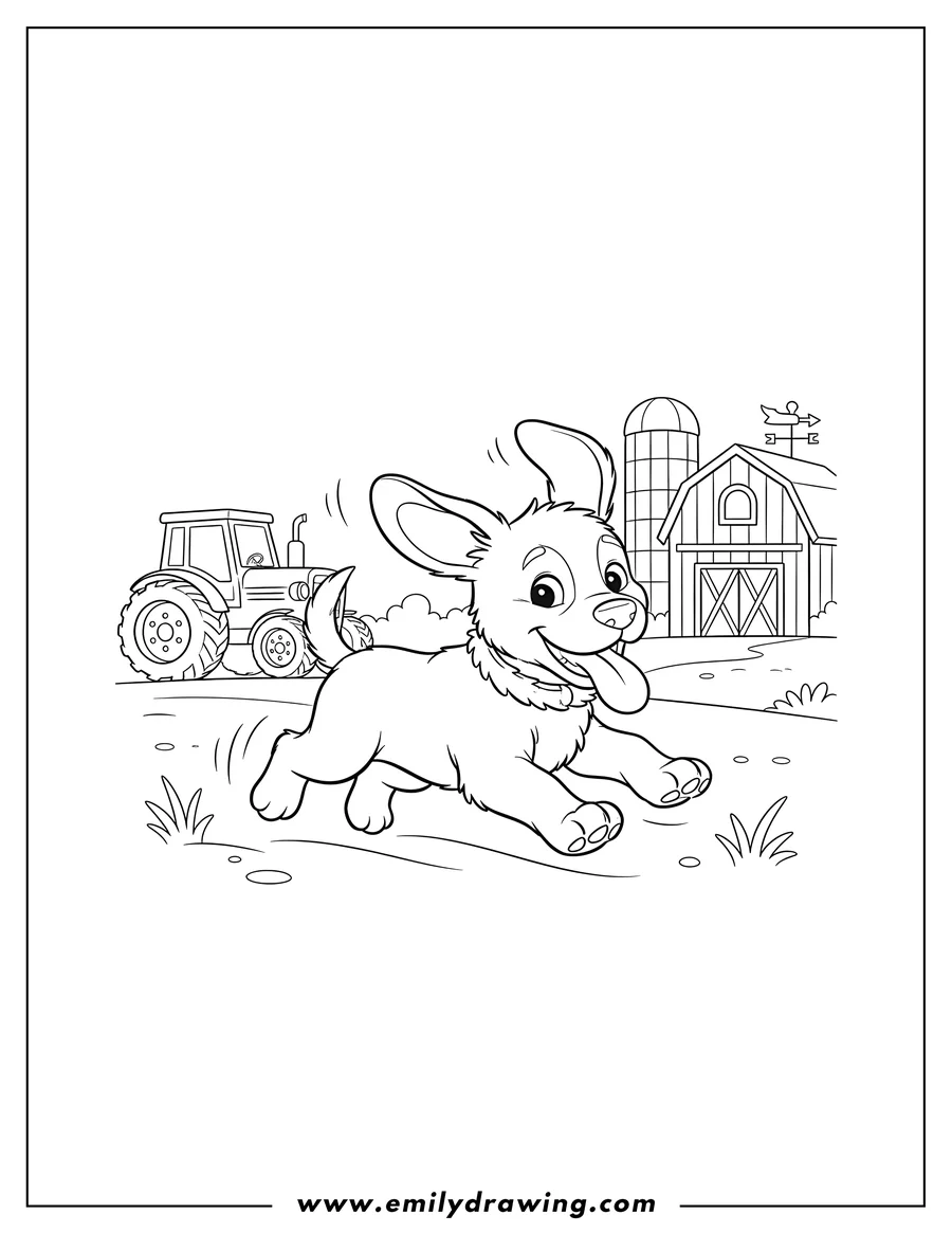 Black and white line art of happy puppy running with tongue out on a farm with tractor and barn background