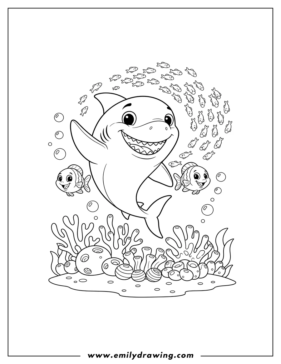 Printable line art of happy sharks and small fish swimming underwater with corals