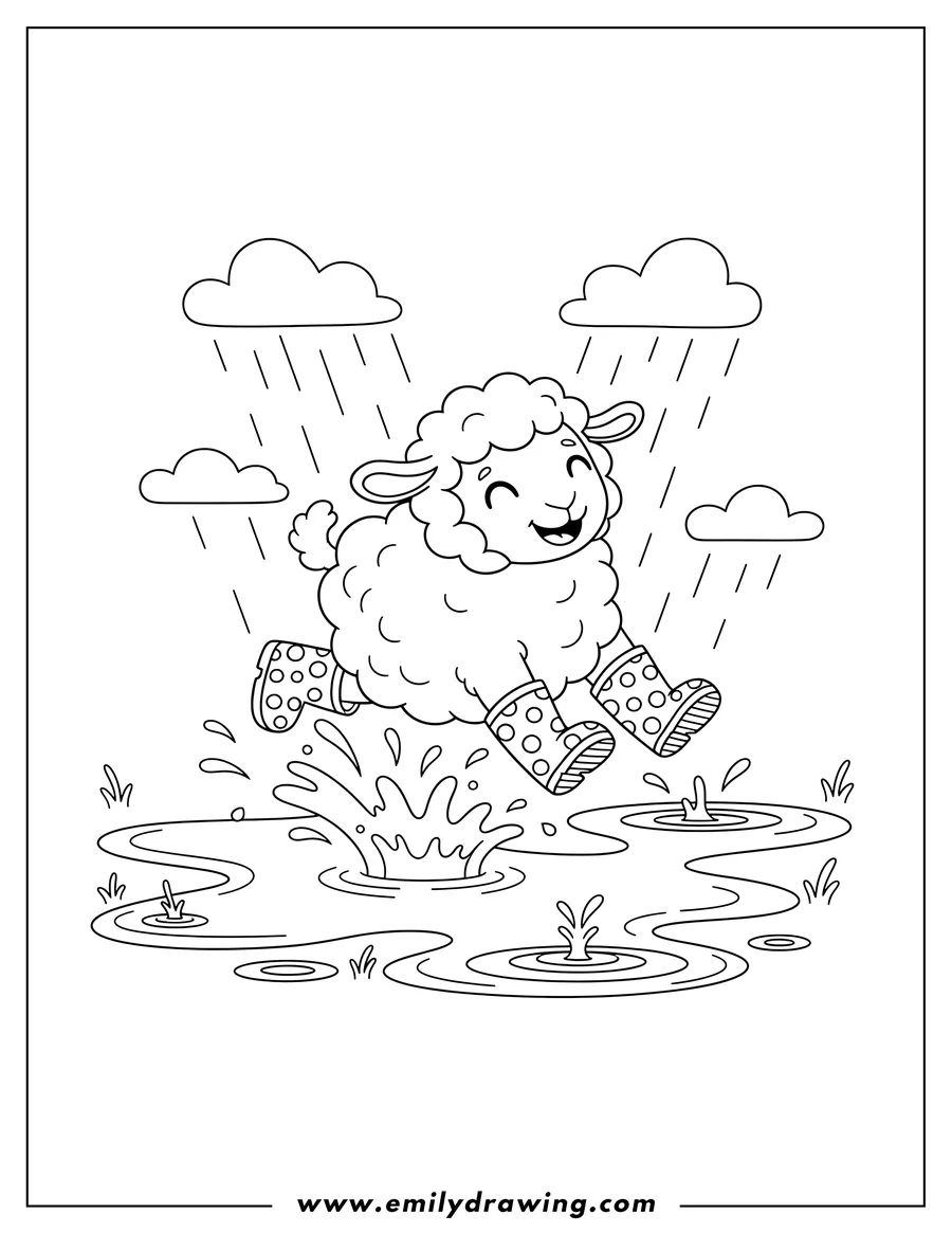 PDF style coloring page: cute happy sheep wearing rain boots, splashing muddy puddles in the rain