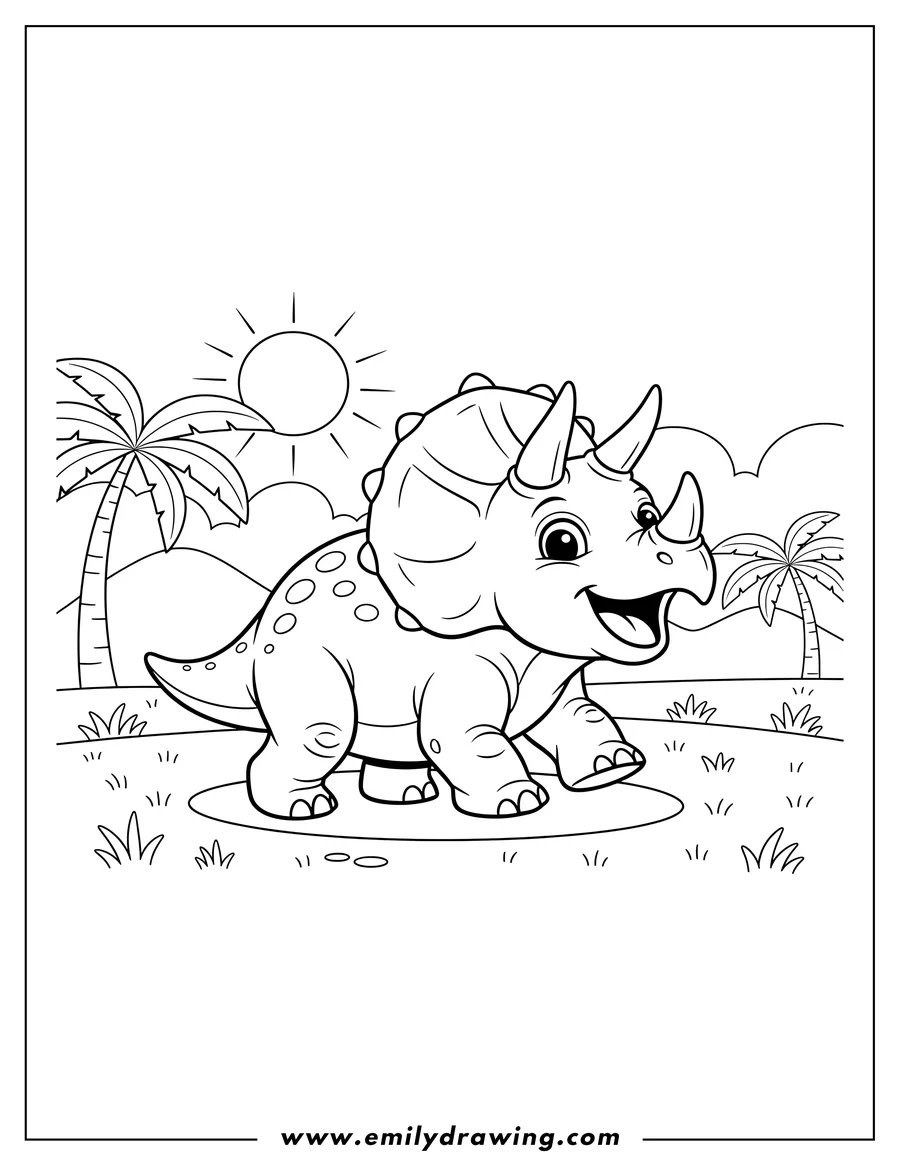 Black and white line art of happy Triceratops, mouth open, Walking Field To Color Scaled