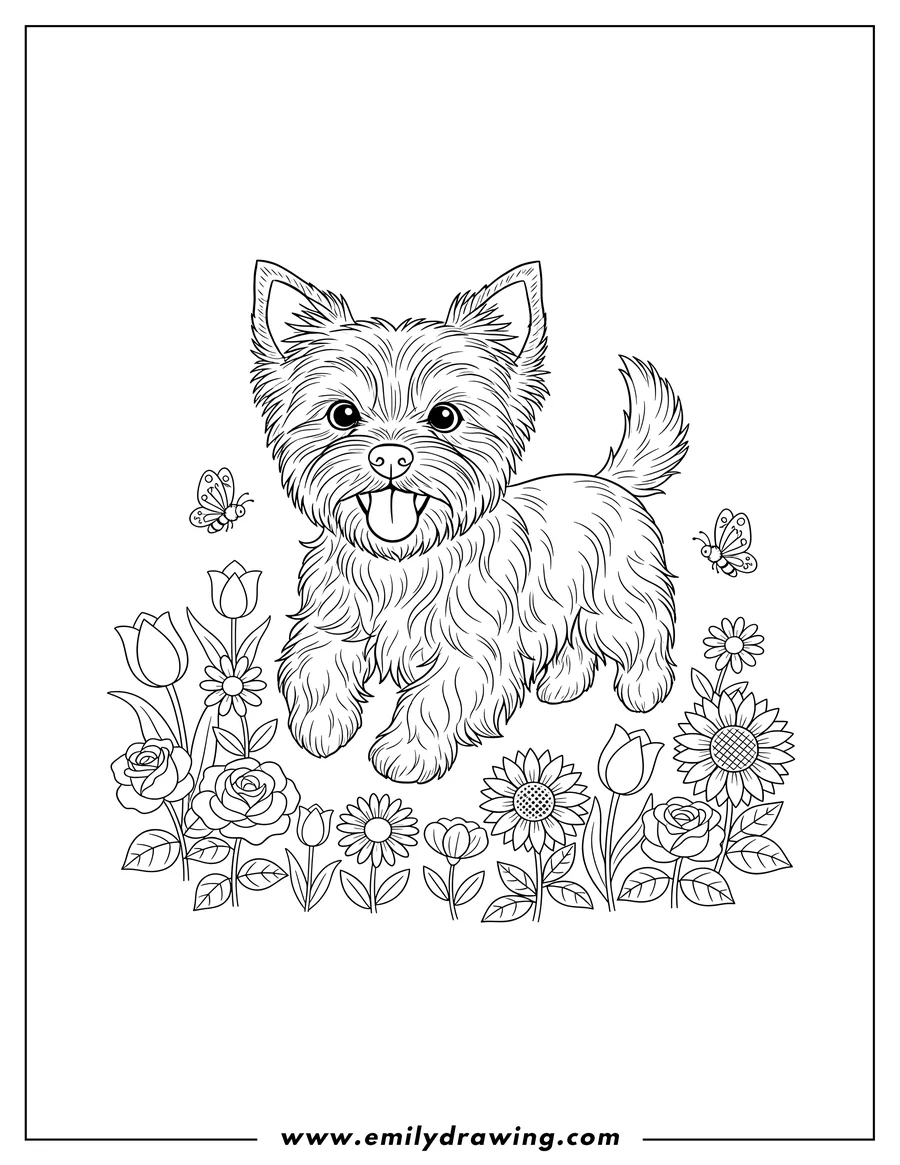 Coloring sheet featuring happy Yorkie running with tongue out and front paws up through a flower garden