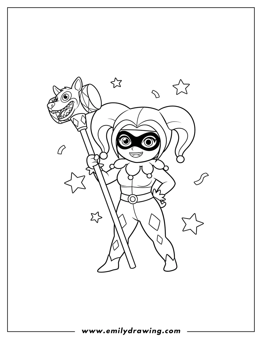 Free printable coloring sheet of cute Harley Quinn Cartoon wearing a jester hat and holding a staff