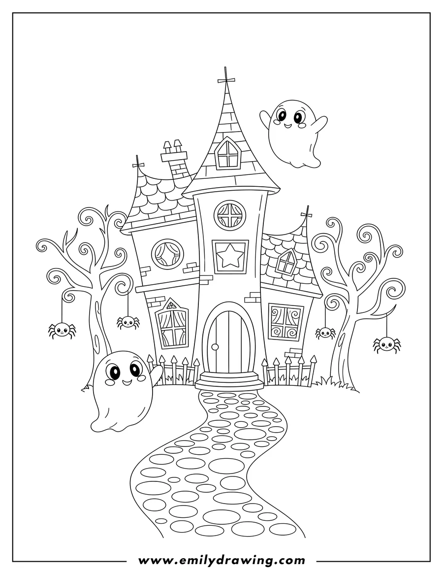 Vector style outline of cute Haunted House with Smiling Ghosts, one on a path, and Spiders Hanging from Trees