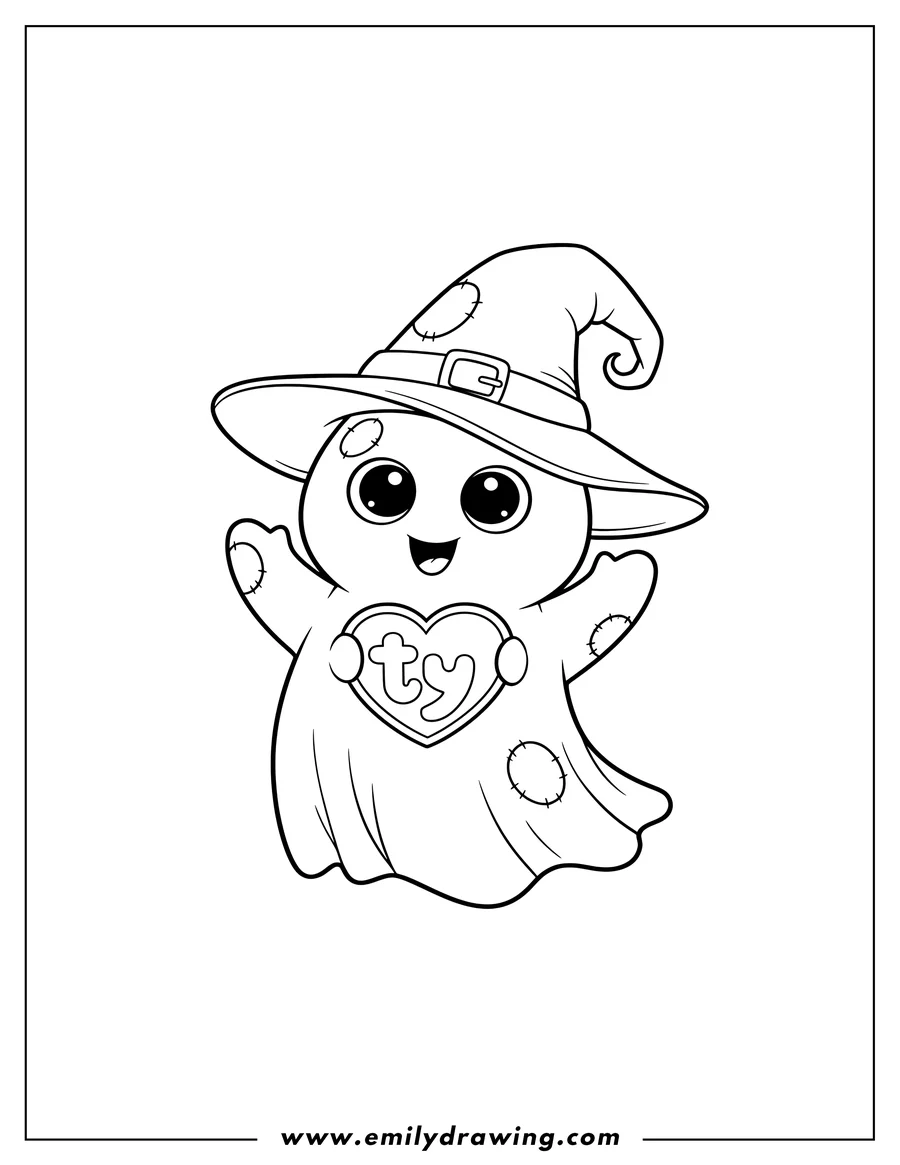Printable coloring page of cute Beanie Boos Haunts, wearing a witch hat and holding a Ty heart