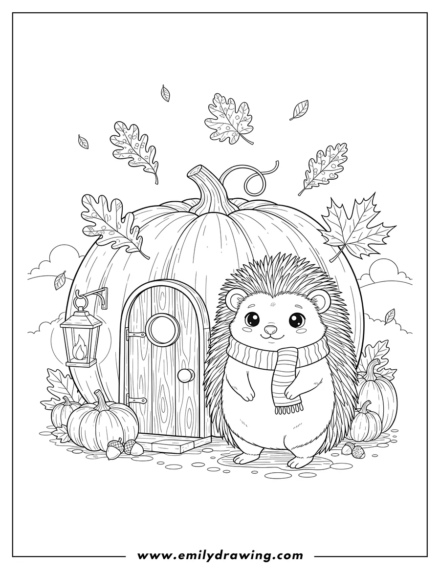Printable coloring page of cute Hedgehog in front of a pumpkin house with a door and lantern, with falling leaves, autumn, adults