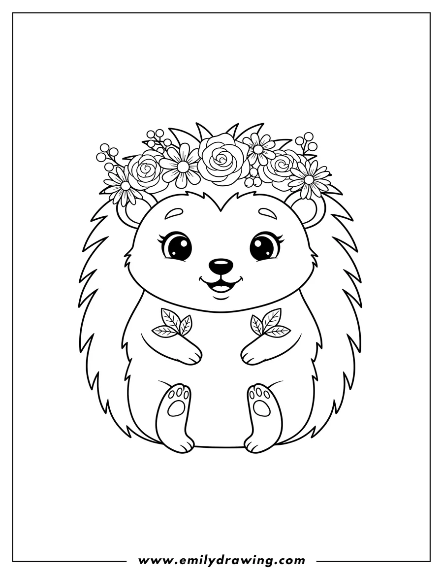 Black and white line art of cute Hedgehog Wearing Flower Crown, front-facing and smiling