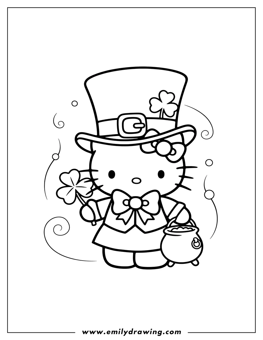 Coloring page for kids: cute Hello Kitty dressed as a leprechaun, wearing a top hat and a bow, holding a shamrock and a small pot
