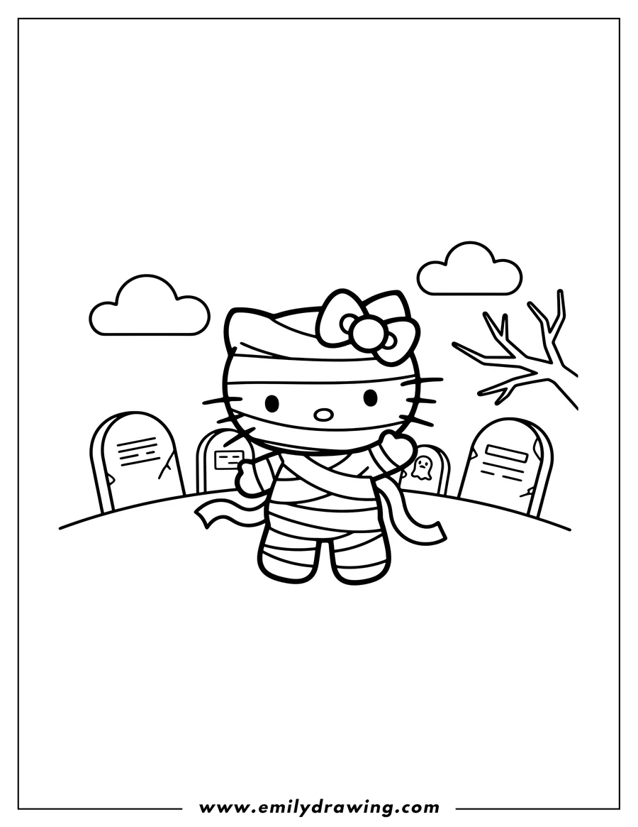 Printable line art of hello Kitty Mummy with a bow, walking in a cemetery