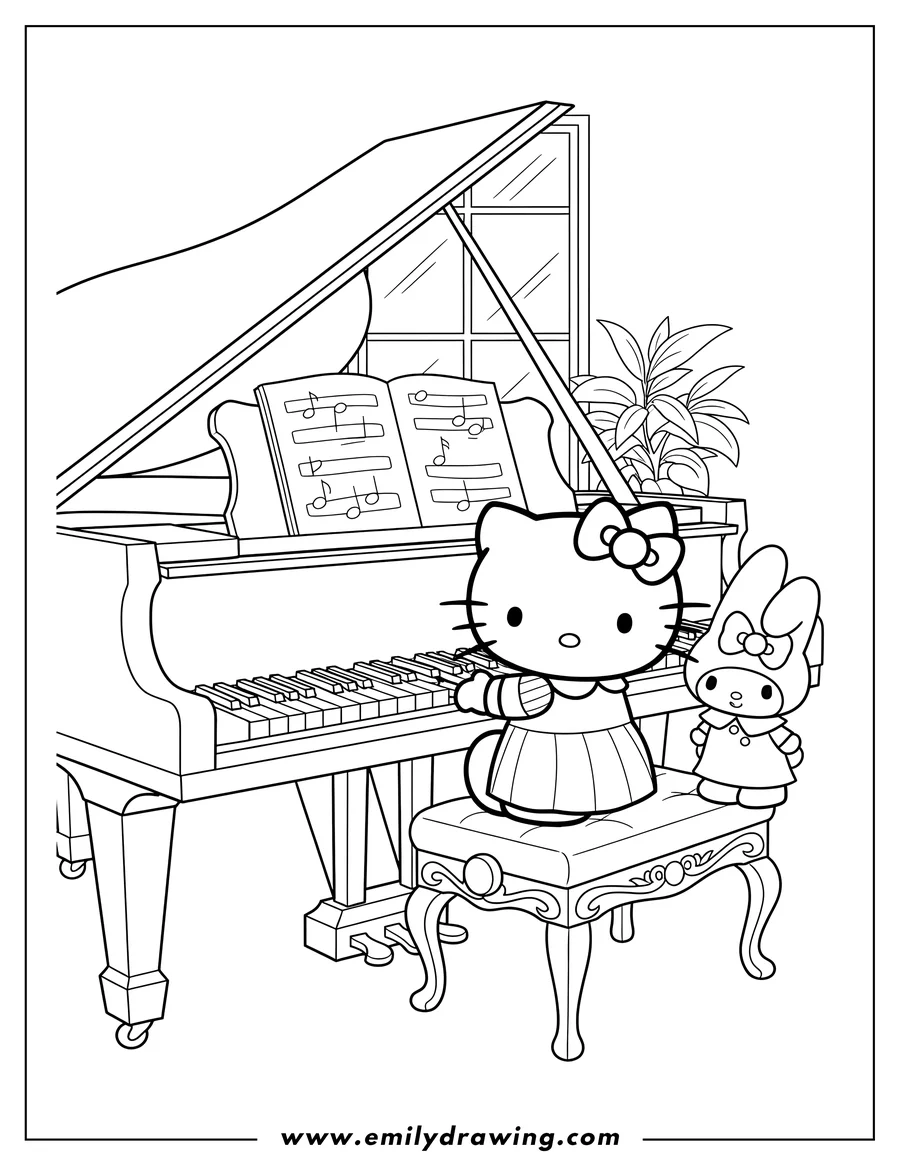 Downloadable coloring page of hello Kitty sitting at the piano playing, My Melody standing and watching