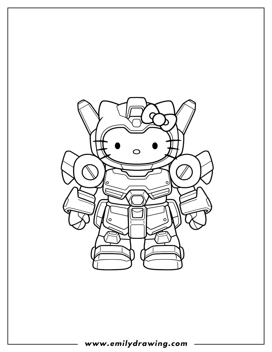 Simple sketch of cute Hello Kitty wearing a Gundam suit in a standing pose to color